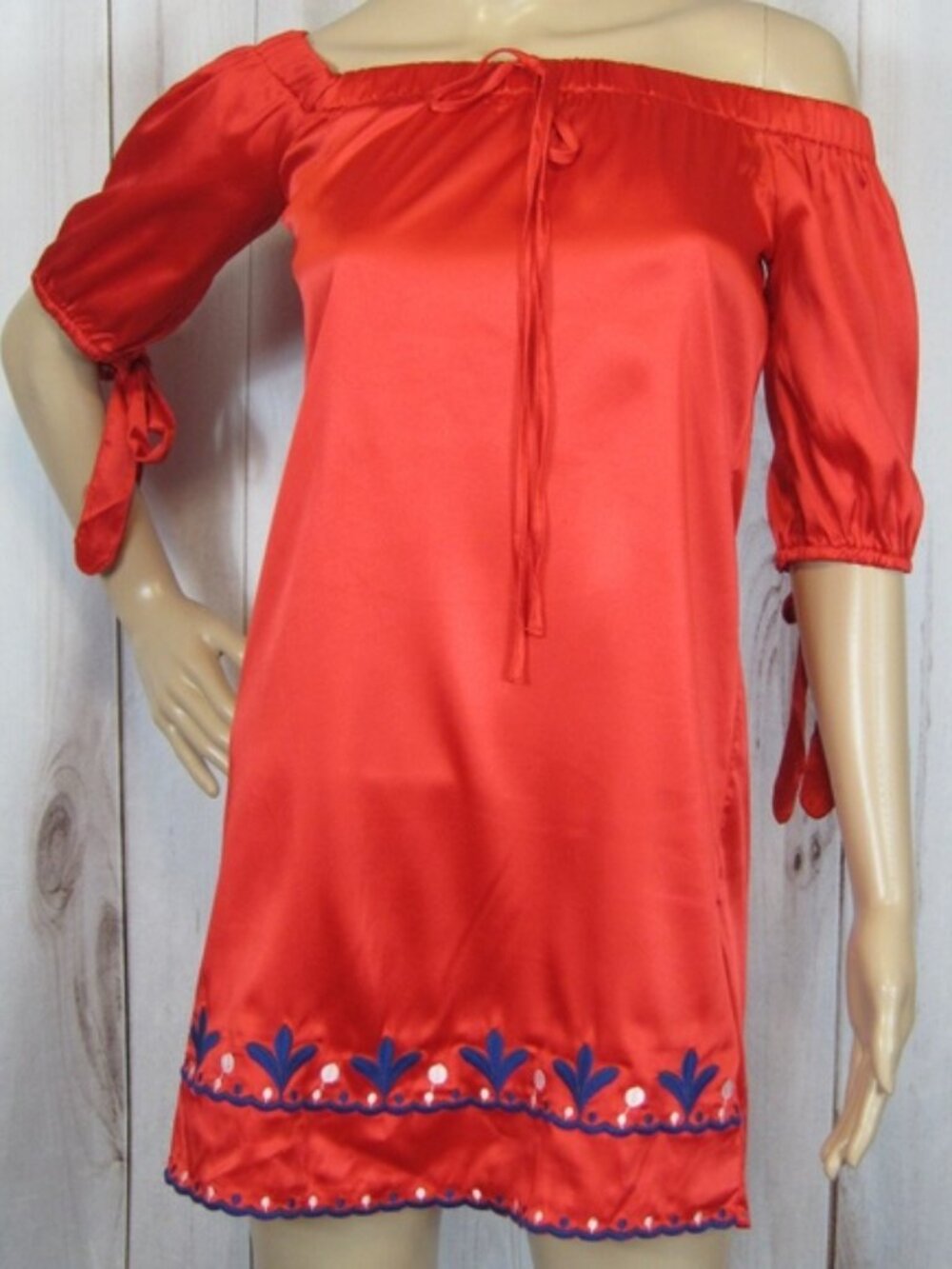 Mango Red Satin Off Shoulder Peasant Mini Dress Small Embroidered Blue White NEW